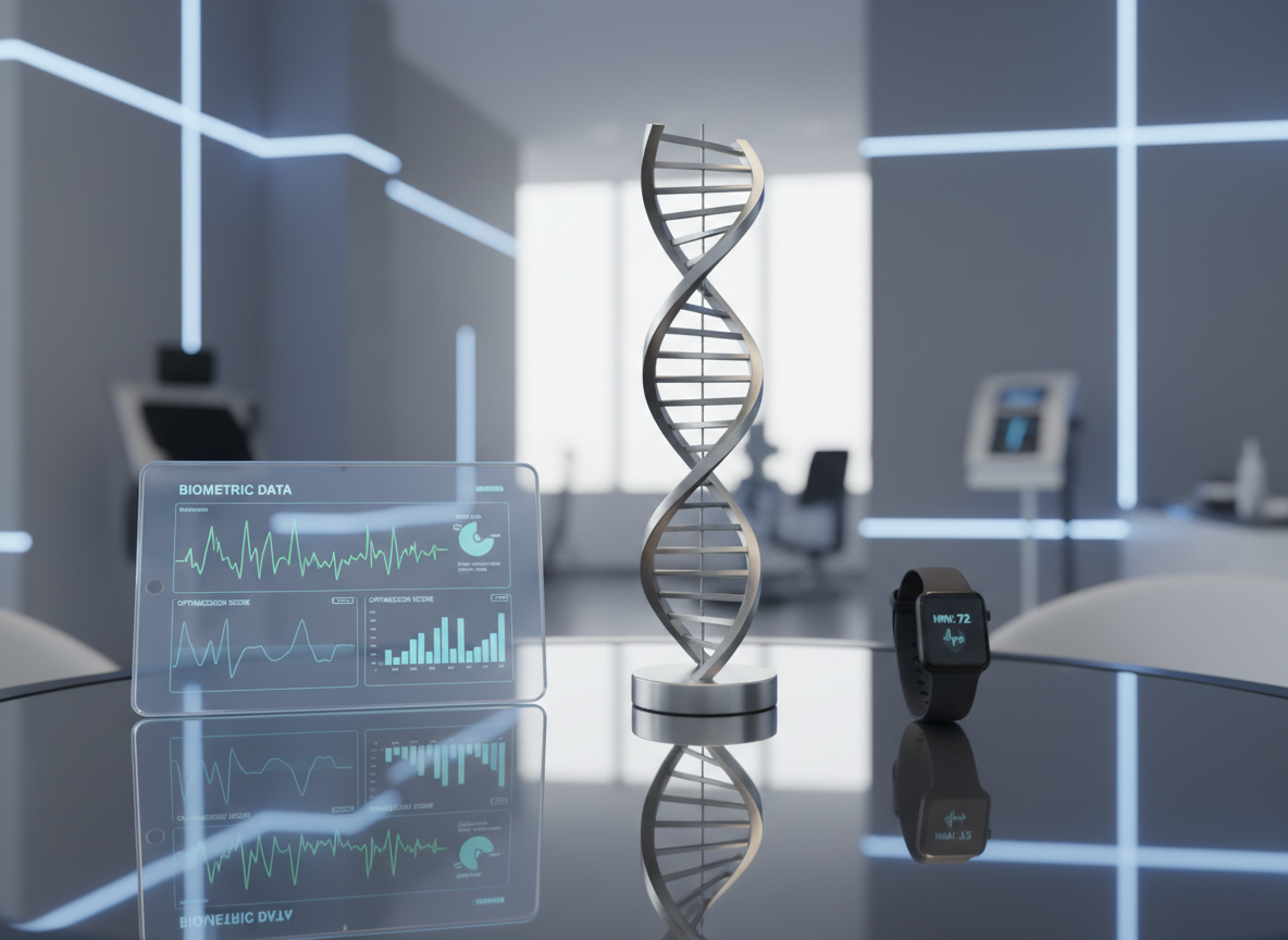 A sleek, glass-topped consultation desk displaying an array of precision health tools: a polished metal DNA double-helix sculpture, a transparent tablet with glowing biometric graphs, and a matte-black smartwatch showing heart rate variability. The desk sits in a pristine, high-end clinical lounge with cool gray walls and subtle blue LED accent lines. Soft, diffused daylight from a large unseen window creates gentle reflections on the glass surface and crisp, clean shadows. Photographed at eye level with a shallow depth of field, the background dissolves into a soft blur of modern equipment shapes, emphasizing clarity, science, and sophistication. The mood is professional yet inviting, embodying cutting-edge health optimization through photographic realism and a clean, modern aesthetic.
