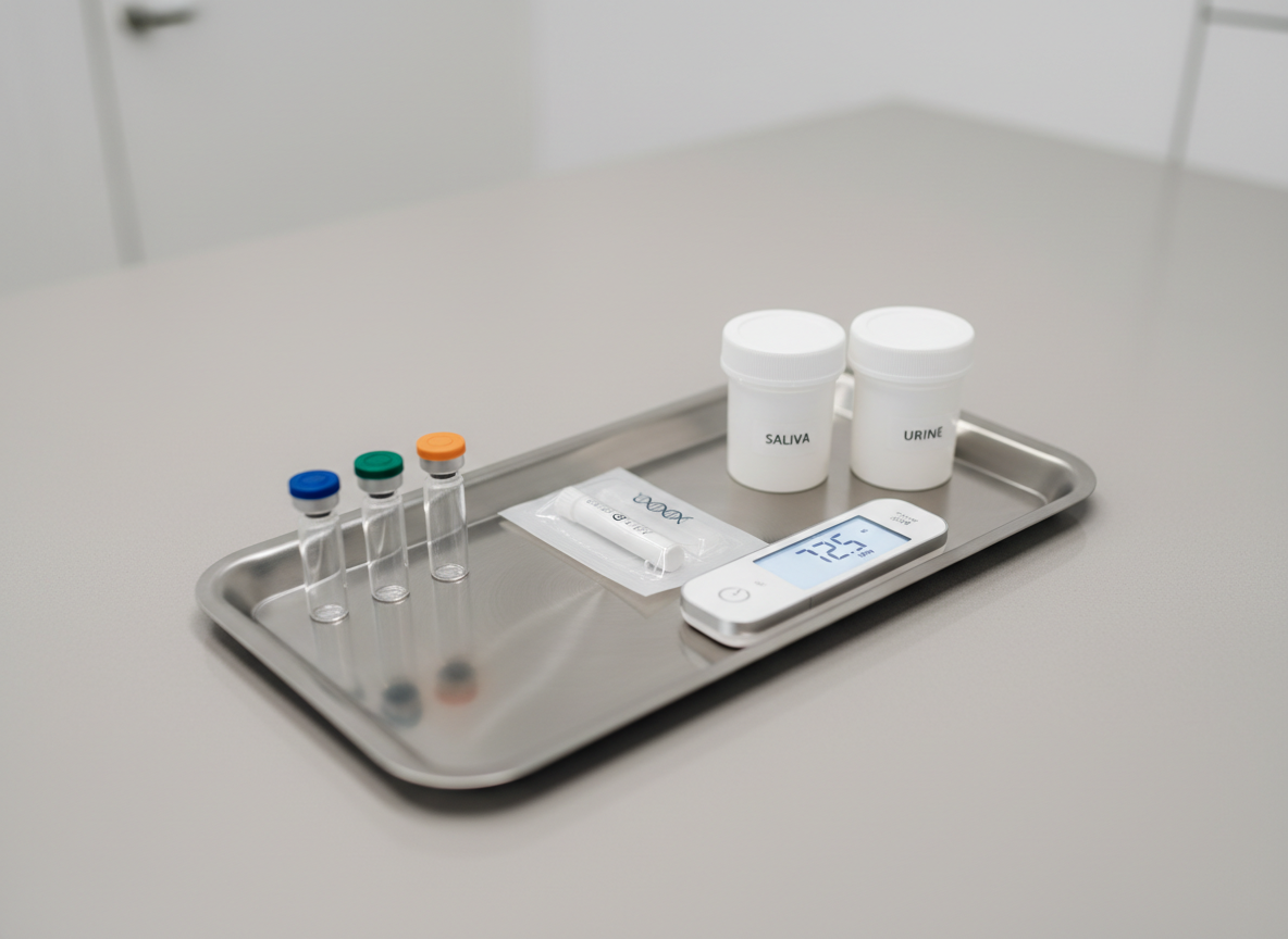 A close-up view of a premium, matte-white health assessment kit arranged meticulously on a brushed steel tray: sleek vials with color-coded caps, a compact genetic test tube in clear packaging, precision-labeled sample containers, and a slim digital device displaying a calibrated reading. The tray rests on a flawless, soft-gray surface in a contemporary diagnostic room. Overhead diffused lighting produces gentle, shadowless illumination that highlights textures and subtle reflections on metal and glass. Shot from a slightly elevated angle with a tight composition and shallow depth of field, the edges of the tray blur softly, drawing attention to the precision and cleanliness of the instruments. The atmosphere is calm, exacting, and deeply professional, with photographic realism and a minimalist, science-driven aesthetic.