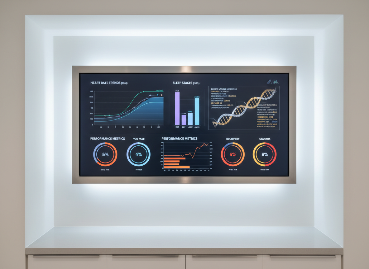 An illuminated, wall-mounted precision health dashboard showing detailed, multicolored biometric data—heart rate trends, sleep stages, genetic markers, and performance metrics—rendered in crisp, high-resolution graphics on a dark, matte screen. The display is set within a minimalist, high-tech wellness suite featuring smooth white walls, subtle metallic accents, and an uncluttered built-in console below. Cool, focused overhead LED lighting creates a soft glow on the display edges and faint reflections on the console surface. Captured straight-on with sharp focus throughout, the composition centers the screen, conveying control, clarity, and mastery over health data. The photographic style is hyper-realistic and clinical yet refined, with an atmosphere of precise analysis and elevated service.