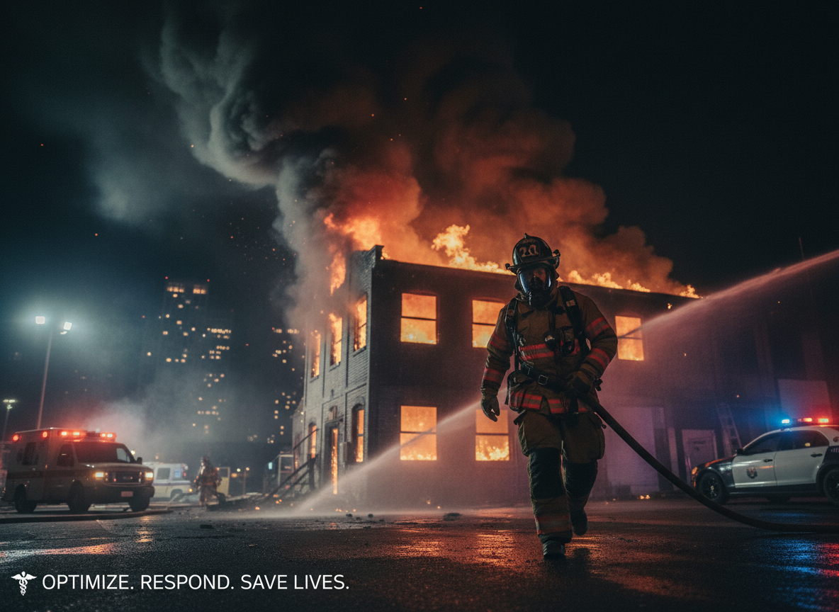 Cinematic, high-quality photo of a firefighter in full gear responding to an emergency at night with dramatic lighting and smoke, realistic and professional, suitable for a medical optimization website hero image
