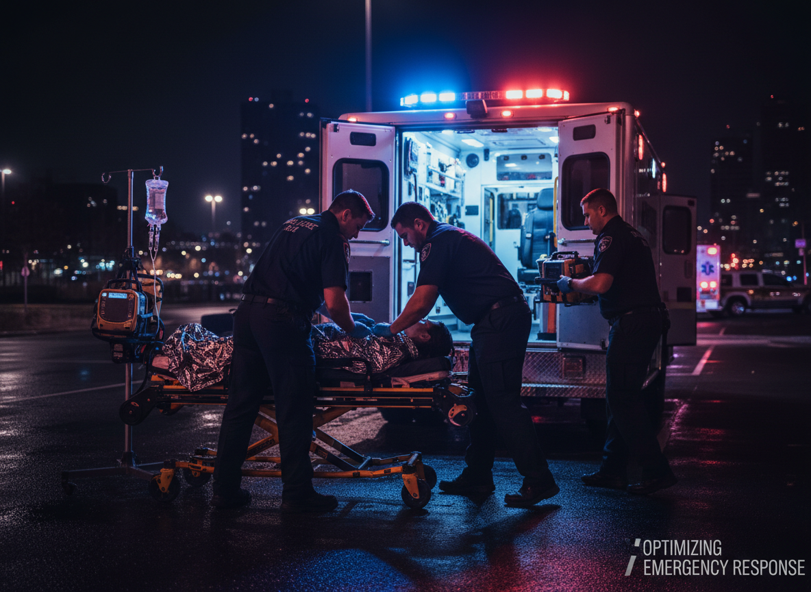 Cinematic, high-quality photo of EMS paramedics working on a patient beside an ambulance with dramatic lighting, night-time scene, realistic and professional, suitable for a medical optimization website section image