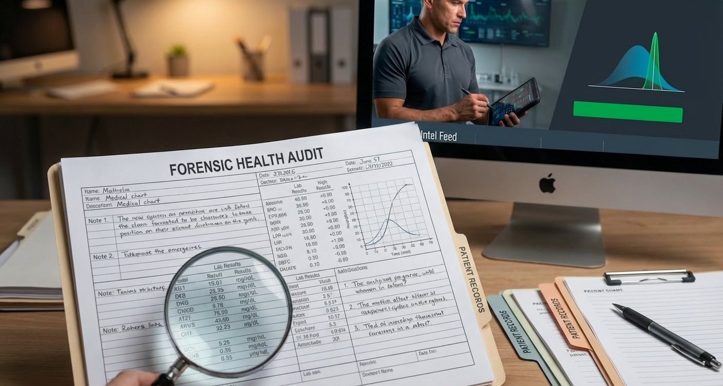Forensic Health Audit document under a magnifying glass next to patient record folders and a computer.