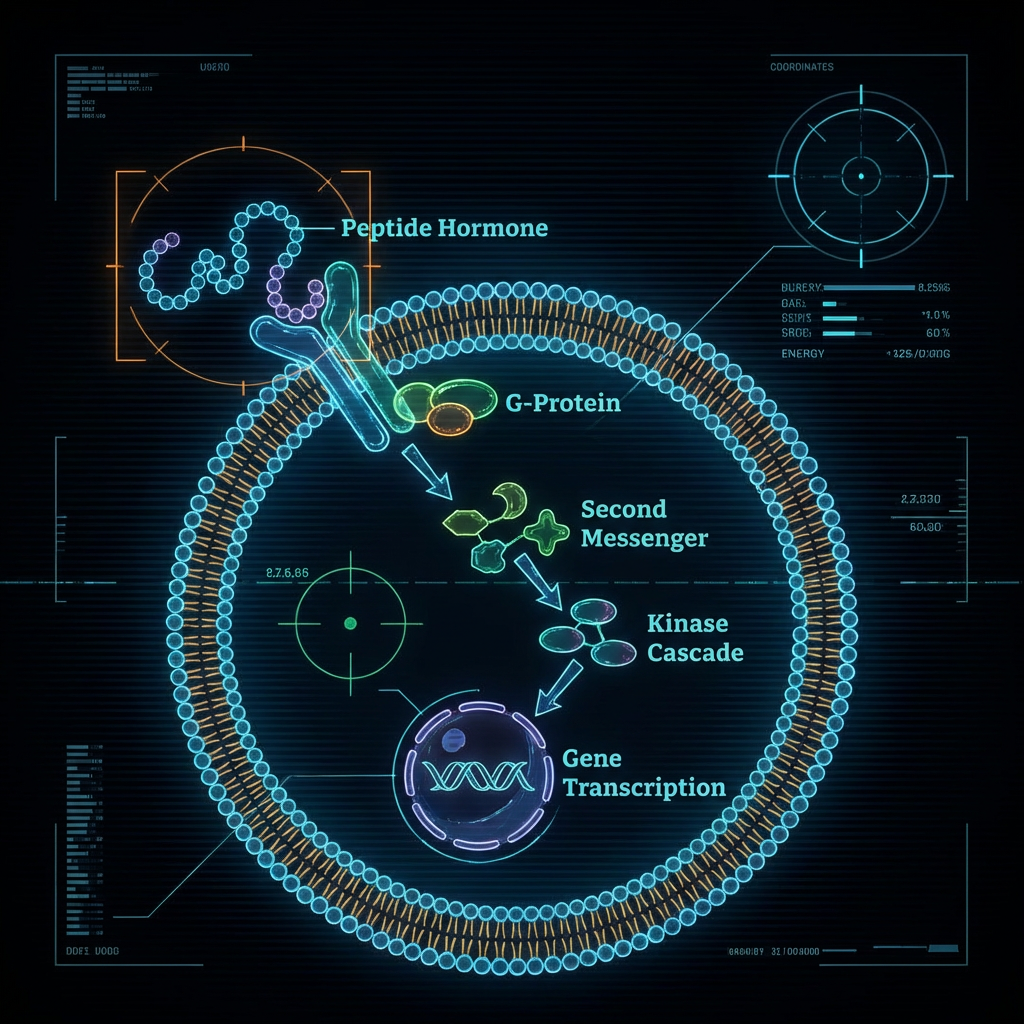 Diagram of peptide hormone signaling showing G-protein, second messenger, kinase cascade, and gene transcription.