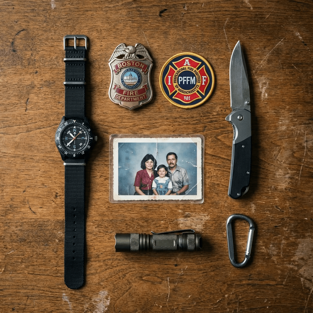 Outdoor gear including a watch, ADVENTURE patch, and a family photo on a wooden table.