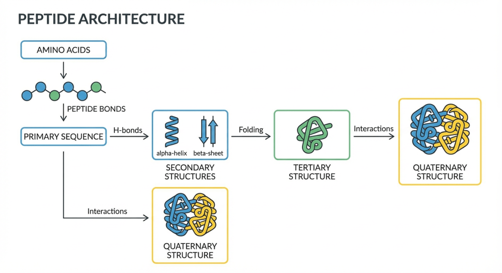 Peptide Architecture Overview: Amino Acids, Peptide Bonds, Primary Sequence, Secondary, Tertiary, and Quaternary Structures.