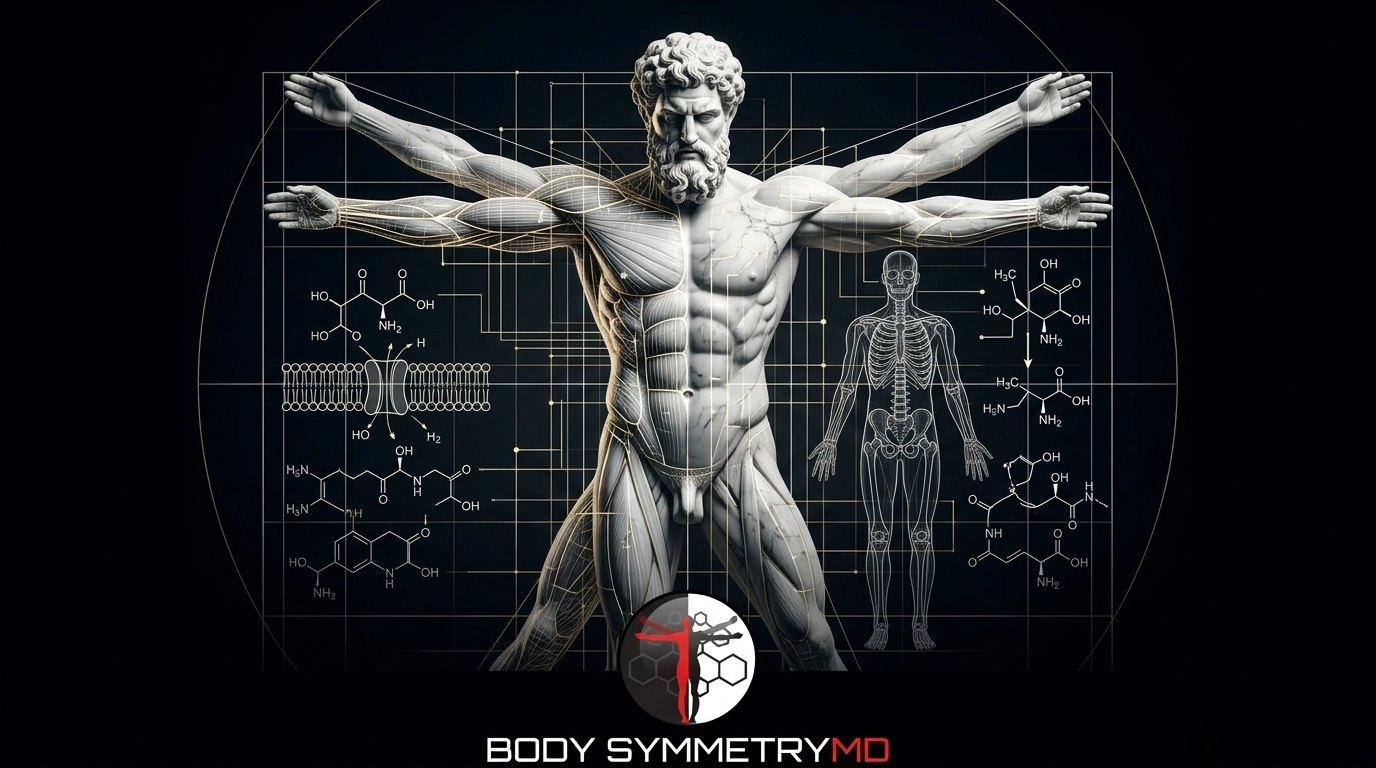 Firefighter in full gear alongside an anatomical display highlighting cortisol debt, metabolic friction, and undiagnosed internal stress markers.