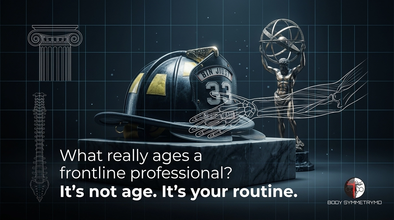 A weathered firefighter helmet on a marble pedestal with anatomical skeletal overlays and an Atlas statue. Text: "What really ages a frontline professional? It’s not age. It’s your routine."