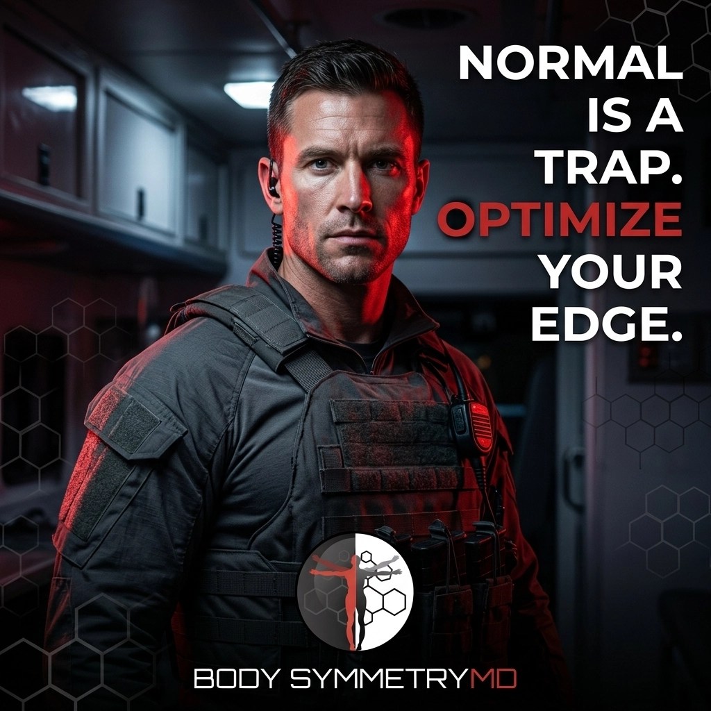 A tactical professional in a black plate carrier and headset stands in a dark, high-tech interior. Text overlay reads 'NORMAL IS A TRAP. OPTIMIZE YOUR EDGE.' with the Body Symmetry MD logo and a hexagonal pattern overlay.