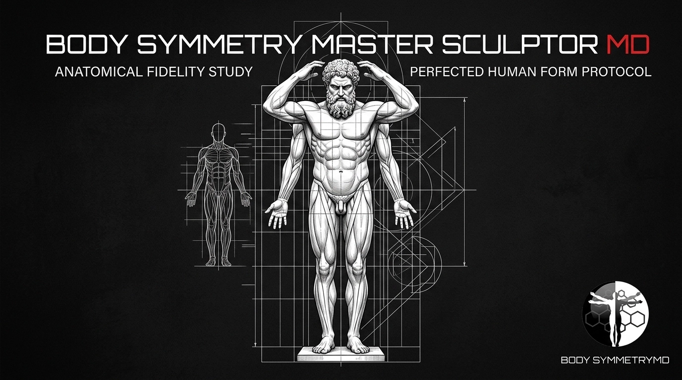 A multi-armed metallic figure on a pedestal at Body Symmetry MD Boston, framed by an architectural 'Anatomical Fidelity Study' grid and 'Perfected Human Form Protocol' schematics under the 'Body Symmetry Master Sculptor MD' brand.
