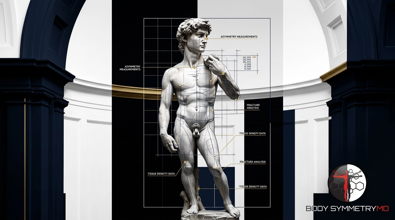 Marble David statue at Body Symmetry MD Boston with technical HUD overlays for asymmetry measurements, fracture analysis, and tissue density data, set against a dark architectural backdrop.