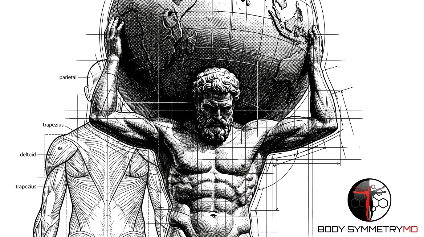 Technical monochromatic line art of an Atlas figure holding a globe integrated with anatomical muscle schematics, blueprint measurements for deltoid and trapezius muscles, and a 4D blueprint grid at Body Symmetry MD Boston.