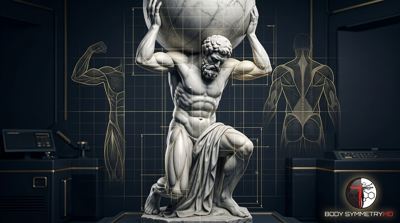 Marble Atlas figure kneeling in a Body Symmetry MD diagnostic suite in Boston, featuring technical wireframe overlays that analyze musculoskeletal load-bearing structures on the arm and back for force readiness auditing.