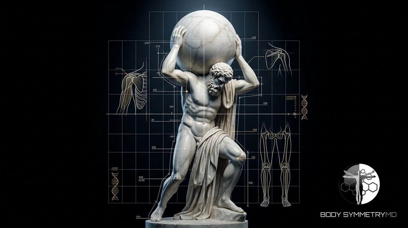 A marble Atlas figure holding a sphere in a Body Symmetry MD Boston lab, with tactical anatomical wireframe overlays for spinal alignment and hip load-bearing points, integrated with DNA helix graphics and the company logo.