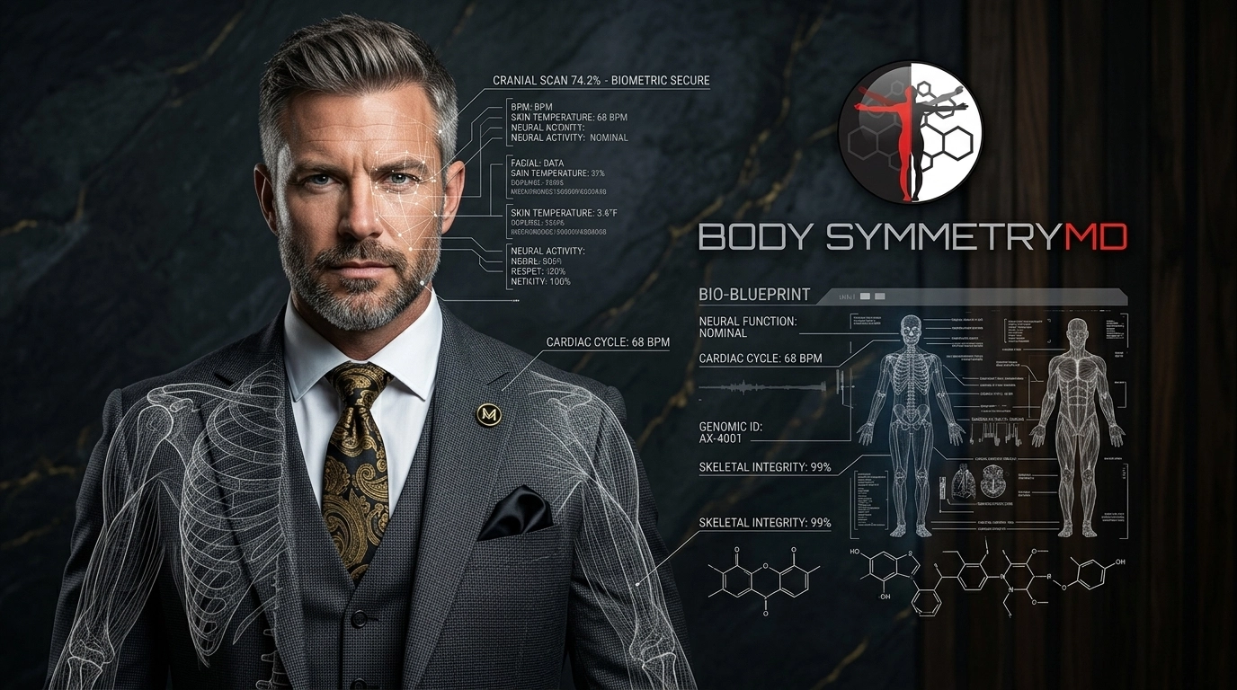 A high-performing male executive in a grey suit at Body Symmetry MD Boston with high-tech HUD overlays for Cranial Scan, Cardiac Cycle, and Genomic ID auditing, representing executive leadership wellness in Marlborough, MA.