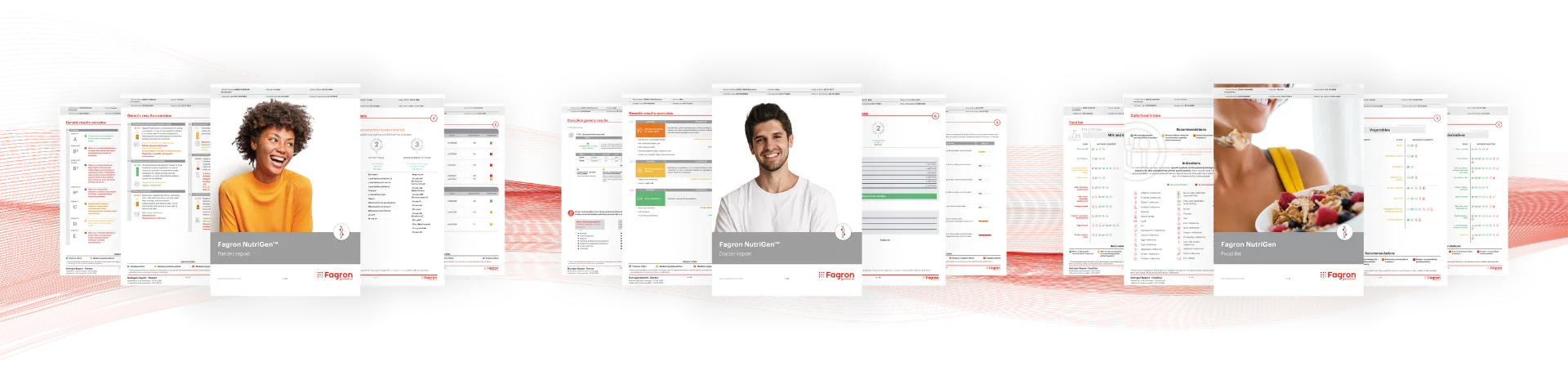 A wide-angle display of multiple Fagron Nutrition reports at Body Symmetry MD Boston, featuring individualized genetic testing profiles, macronutrient analysis, and science-backed dietary recommendations for male and female patients.