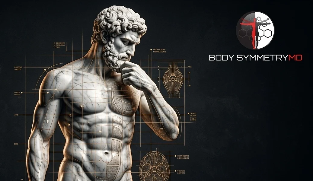 A marble bust of a thinking male figure on a pedestal, integrated with technical blueprint grid overlays, a detailed pelvic cross-section, and a knee joint anatomical diagram at Body Symmetry MD Boston.