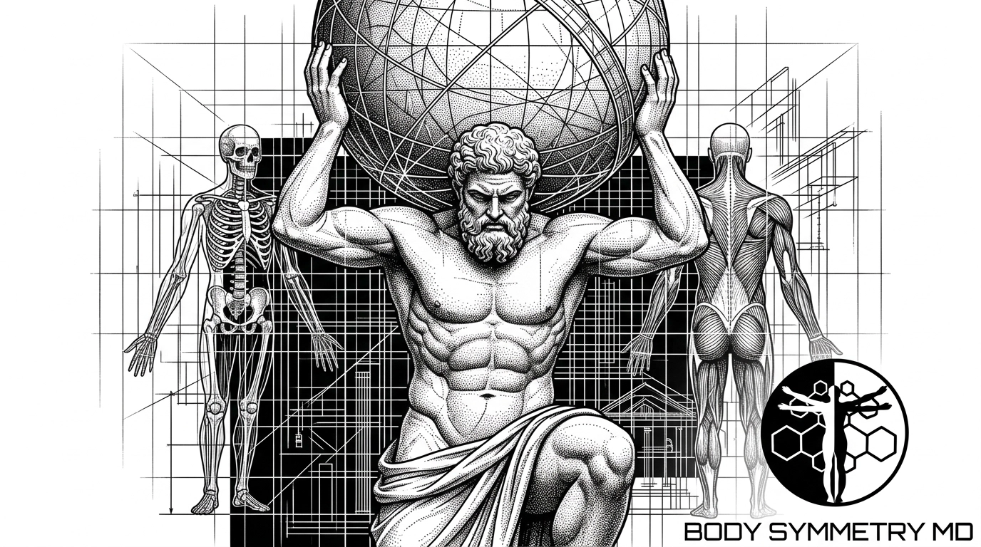Technical monochromatic line art of an Atlas figure holding a globe, flanked by a full skeletal anatomical diagram and a posterior muscular diagram, integrated with a technical blueprint grid and Body Symmetry MD Boston logo.