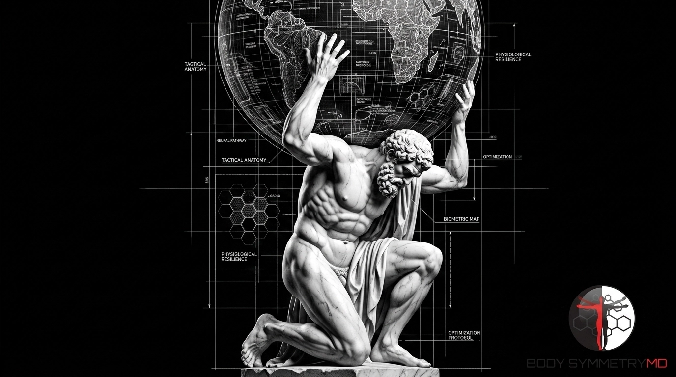 Marble Atlas figure holding a globe with technical callouts for Tactical Anatomy, Neural Pathway, Biometric Map, and Optimization Protocol at Body Symmetry MD Boston.