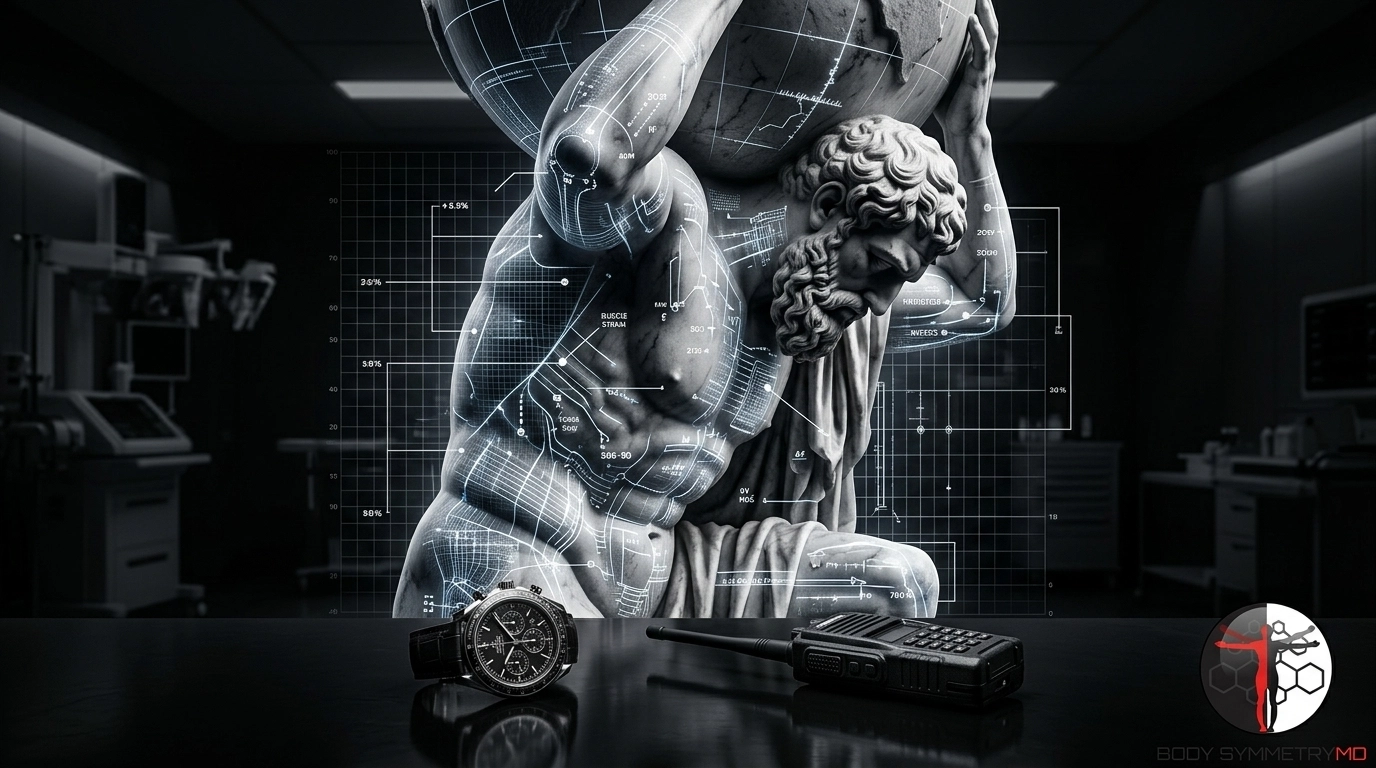 A marble Atlas figure in a Body Symmetry MD diagnostic suite, holding a globe with glowing wireframe overlays analyzing muscle strain and skeletal load. In the foreground, a professional tactical watch and radio sit on a dark clinical surface.