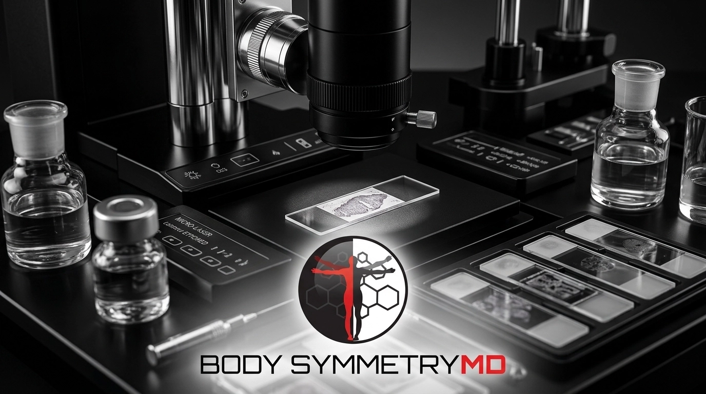 Clinical diagnostic display at Body Symmetry MD Boston showing a firefighter suit and real-time heart rate and muscle activation data overlays for force readiness auditing.
