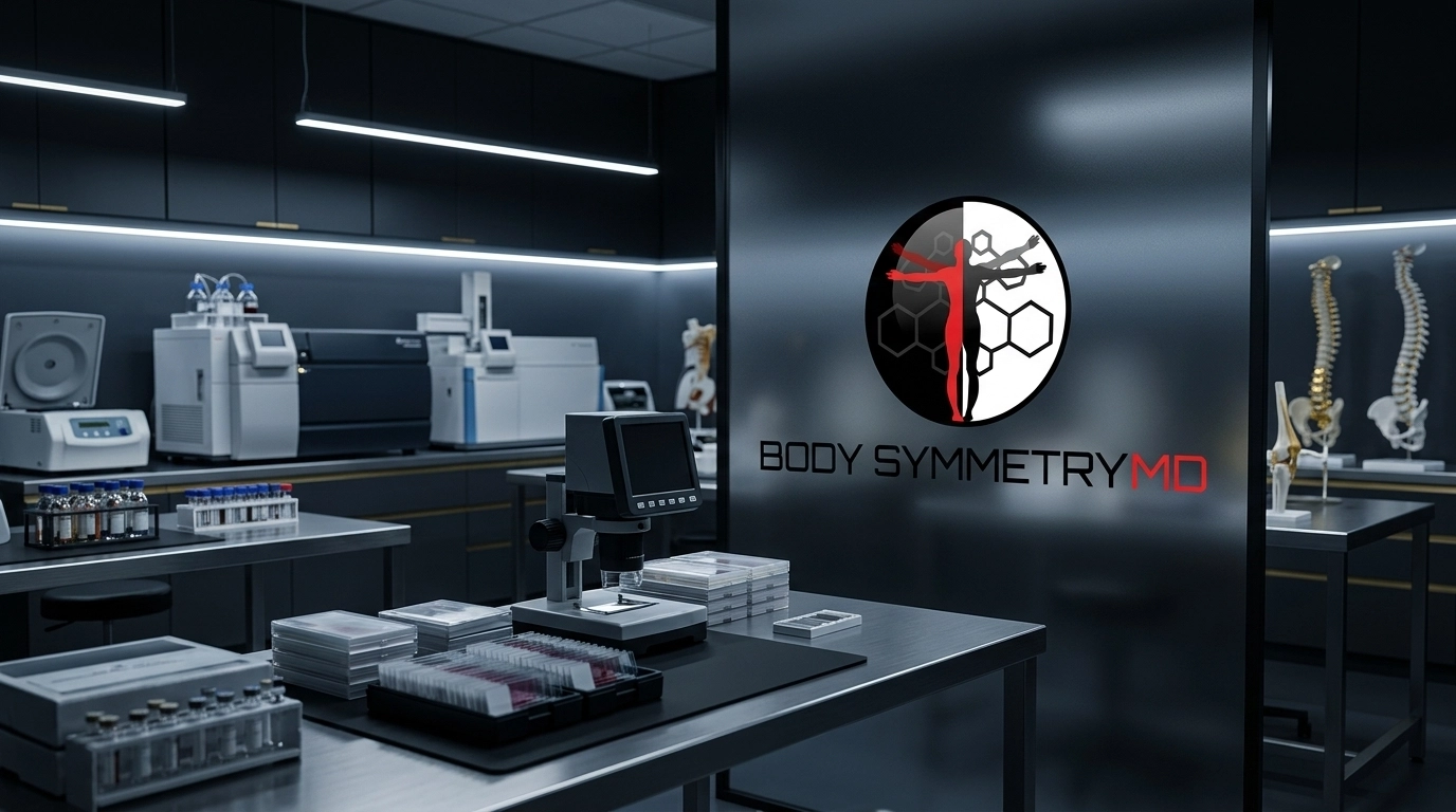 Interior view of the Body Symmetry MD strategic hub in Marlborough featuring advanced clinical diagnostic stations, forensic medical analytics screens, and structural integrity anatomical busts.