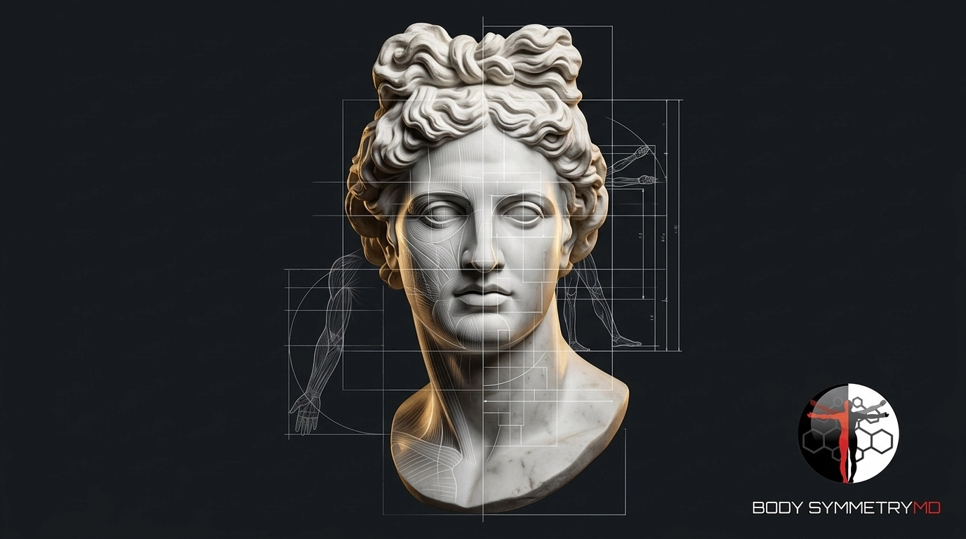 A marble Apollo-style bust in a high-tech Body Symmetry MD Boston lab, overlaid with technical geometric schematics and anatomical muscle wireframes to illustrate precision biological engineering for tactical athletes and high-stakes professionals.