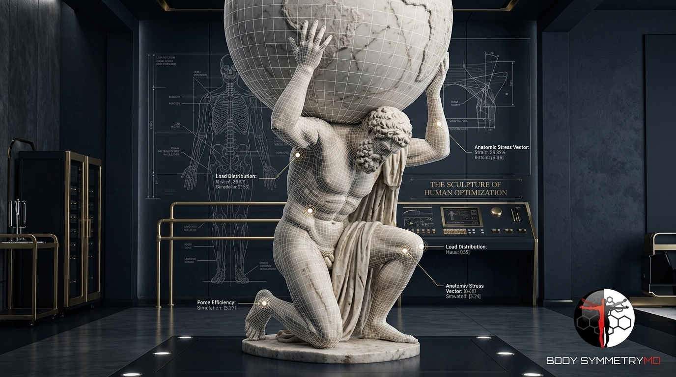 A marble Atlas figure kneeling in a Body Symmetry MD diagnostic suite in Marlborough, MA. Technical HUD overlays analyze anatomic stress vectors, load distribution, and force efficiency for tactical athlete force readiness.