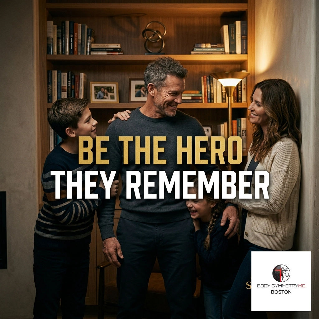 A middle-aged man and woman, in hex-integrated fitness gear and looking vital, stand with their two young, happy children in a warm study. Large white and gold SEO text reads: 'BE THE HERO THEY REMEMBER'. Smaller text adds: 'Family Longevity Optimized Fitness & Anti-Aging Programs in Boston & Marlborough'. Body Symmetry MD and Boston logos are present.