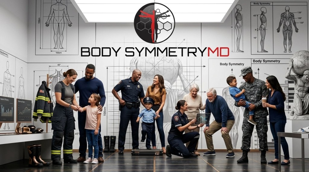 A diverse group of patients including a firefighter, police officer, soldier, young families, and seniors gather in a modern Body Symmetry MD medical wellness clinic in Marlborough, MA, surrounded by anatomical wall diagrams and high-tech performance monitoring equipment.