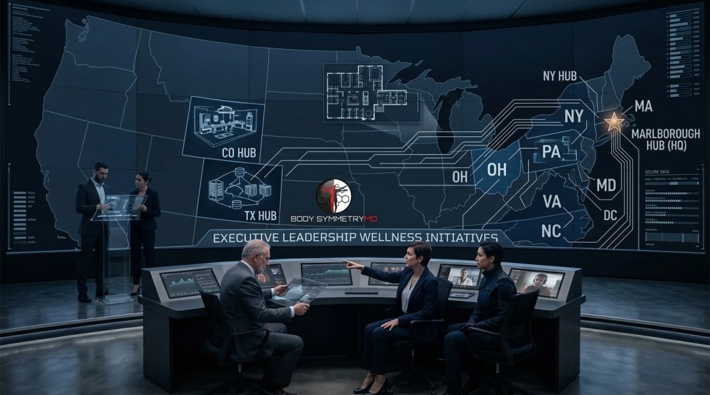 Executive leadership and command staff in a high-tech situation room reviewing a national map of Body Symmetry MD hubs, including the Marlborough HQ. Digital displays show 'Executive Leadership Wellness Initiatives' and secure data for regional hubs in MA.