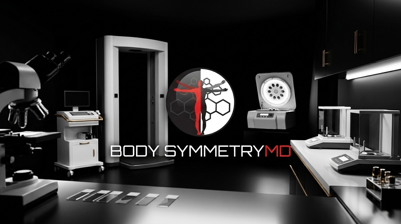 A futuristic laboratory display showing a glowing 3D DNA double helix and molecular structures with a "Forensic Science" label and Body Symmetry MD branding.