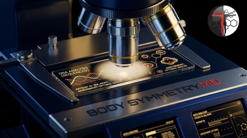 A futuristic optical microscope, marked with 'BODY SYMMETRY MD', focuses on a glowing digital slide displaying sequenced DNA data. The digital readout for Patient ID: SM_48392 reads 'ASSESSMENT: OPTIMAL (GOLD)', with complex cell and honeycomb diagrams. The company logo—a stylized Vitruvian Man and hexagons—is in the top right.