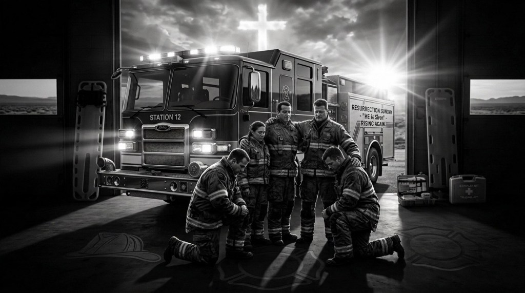 Black and white artistic rendering of firefighters kneeling in prayer in front of a fire engine at Station 12, with a glowing cross in the sky and the text Resurrection Sunday: He is Risen, Rising Again.