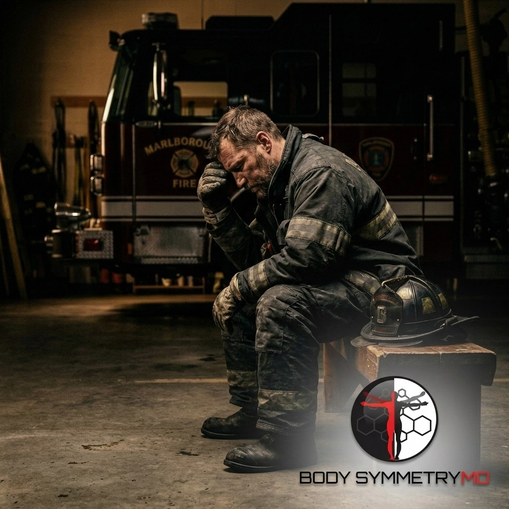 An exhausted Marlborough firefighter in soot-covered turnout gear sits on a bench in a fire station, head in hand, next to his helmet. The Body Symmetry MD logo is in the foreground, representing metabolic and hormonal recovery for first responders.