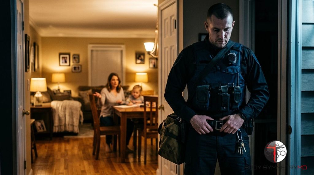 A police officer in tactical gear prepares to leave his home for a night shift while his wife and young daughter sit at the kitchen table in the background. The Body Symmetry MD logo is in the bottom right corner, emphasizing health support for law enforcement families.