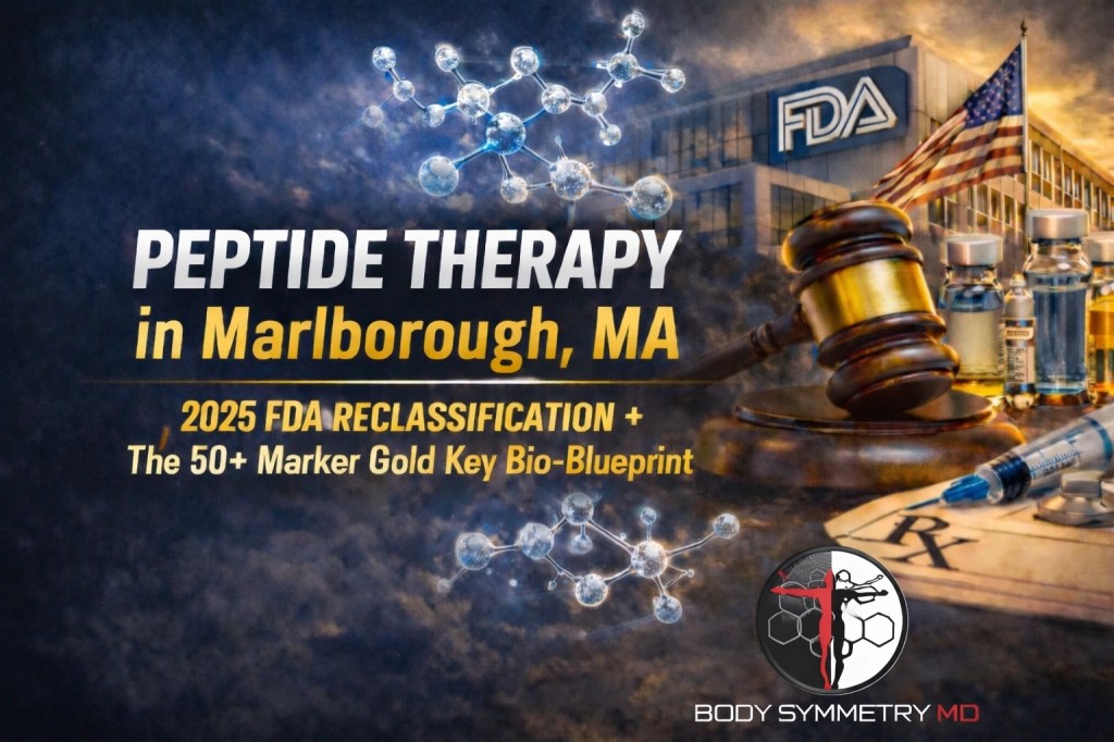 "Graphic for Peptide Therapy in Marlborough MA highlighting the 2025 FDA reclassification and the 50-marker Gold Key Bio-Blueprint by Body Symmetry MD."