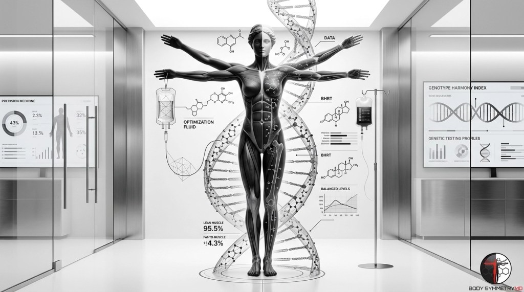 A high-tech clinical hallway featuring a futuristic Vitruvian-style female figure integrated with DNA double helix structures and medical data overlays for BHRT, optimization fluid, and lean muscle metrics. Screens in the background display 'Precision Medicine' and 'Genotype Harmony Index' charts.