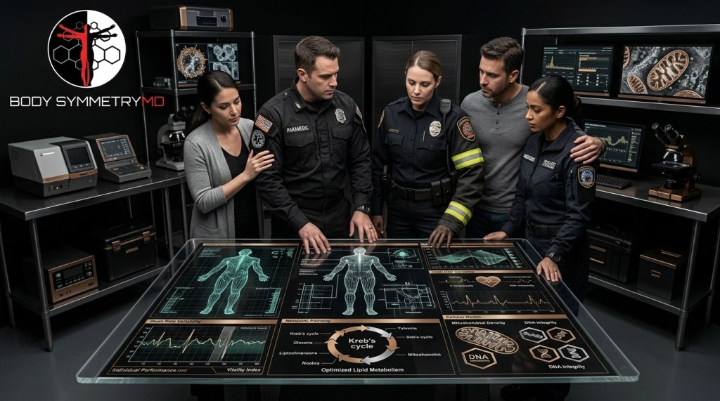 A paramedic, a firefighter, and civilians collaborate around a high-tech digital touch-table at Body Symmetry MD, analyzing a 4D Blueprint that displays a Krebs cycle diagram, skeletal mapping, and mitochondrial density data for metabolic restoration.