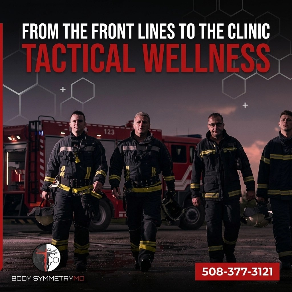 Four firefighters in full turnout gear walk confidently away from a fire engine at dusk. Overlaid text reads 'FROM THE FRONT LINES TO THE CLINIC TACTICAL WELLNESS' with the Body Symmetry MD logo and phone number 508-377-3121.
