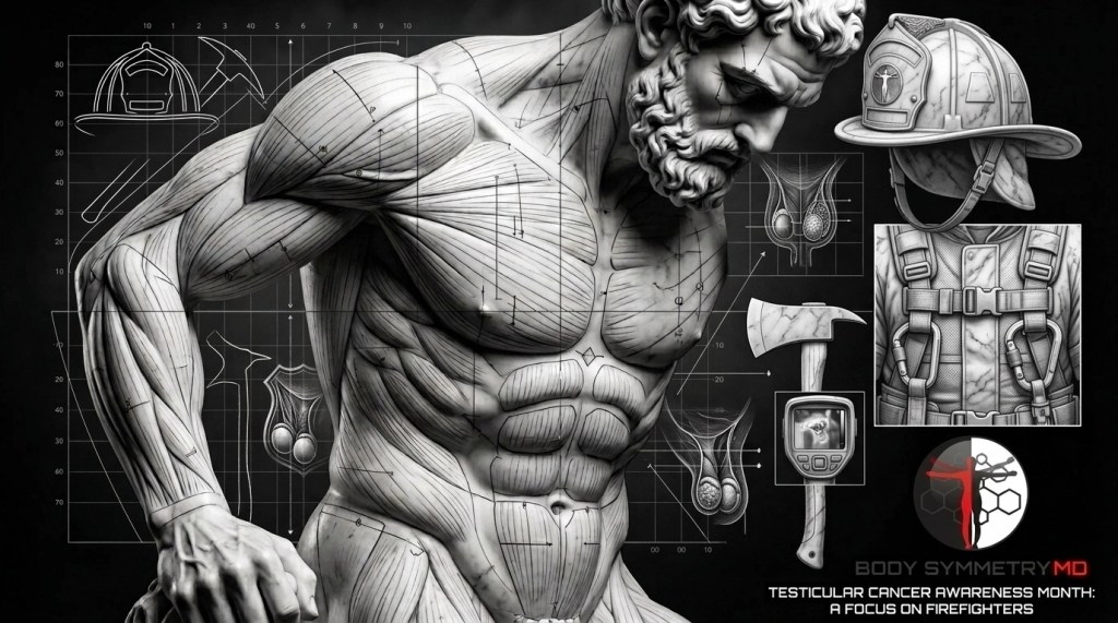 “A clinical architectural blueprint overlaying a marble statue of a firefighter, featuring anatomical diagrams of testicular health, tactical fire gear, and the Body Symmetry MD logo for Testicular Cancer Awareness Month.”