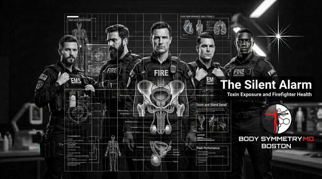 “A clinical forensic blueprint infographic showing a marble Greek statue of a male physique over an technical drawing grid, featuring fire service helmet and axe, plus anatomical diagrams of male testes, branded with the Body Symmetry MD logo for Testicular Cancer Awareness Month for Firefighters.”